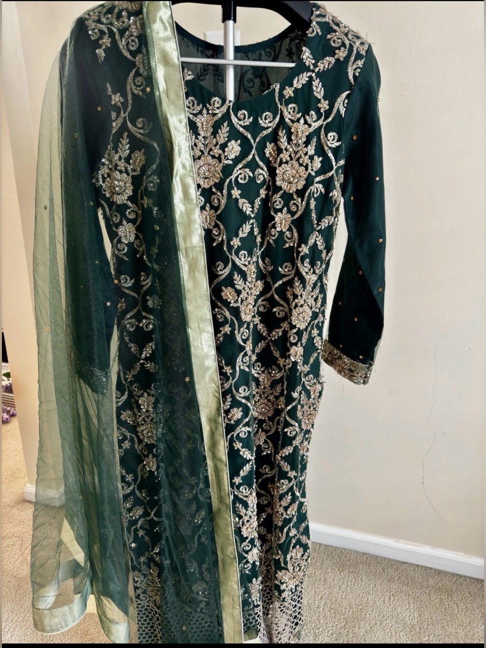 Pakistani Dark Green Womens Dress with Gold Accents